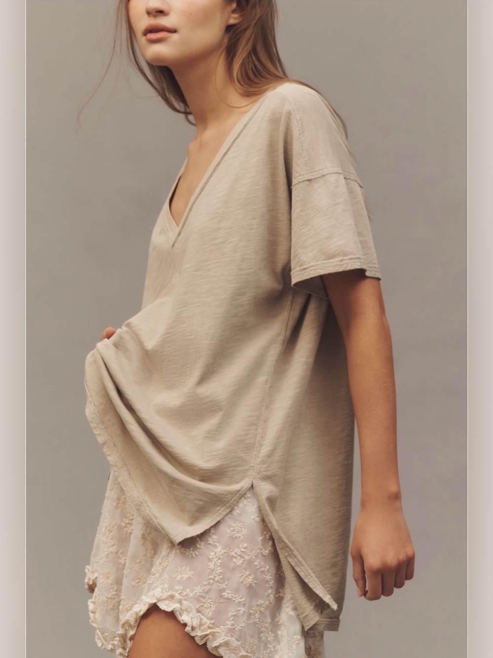 Anthropologie Pilcro Jordyn deep V-Neck oversized tee in Oyster NEW WITH TAGS!